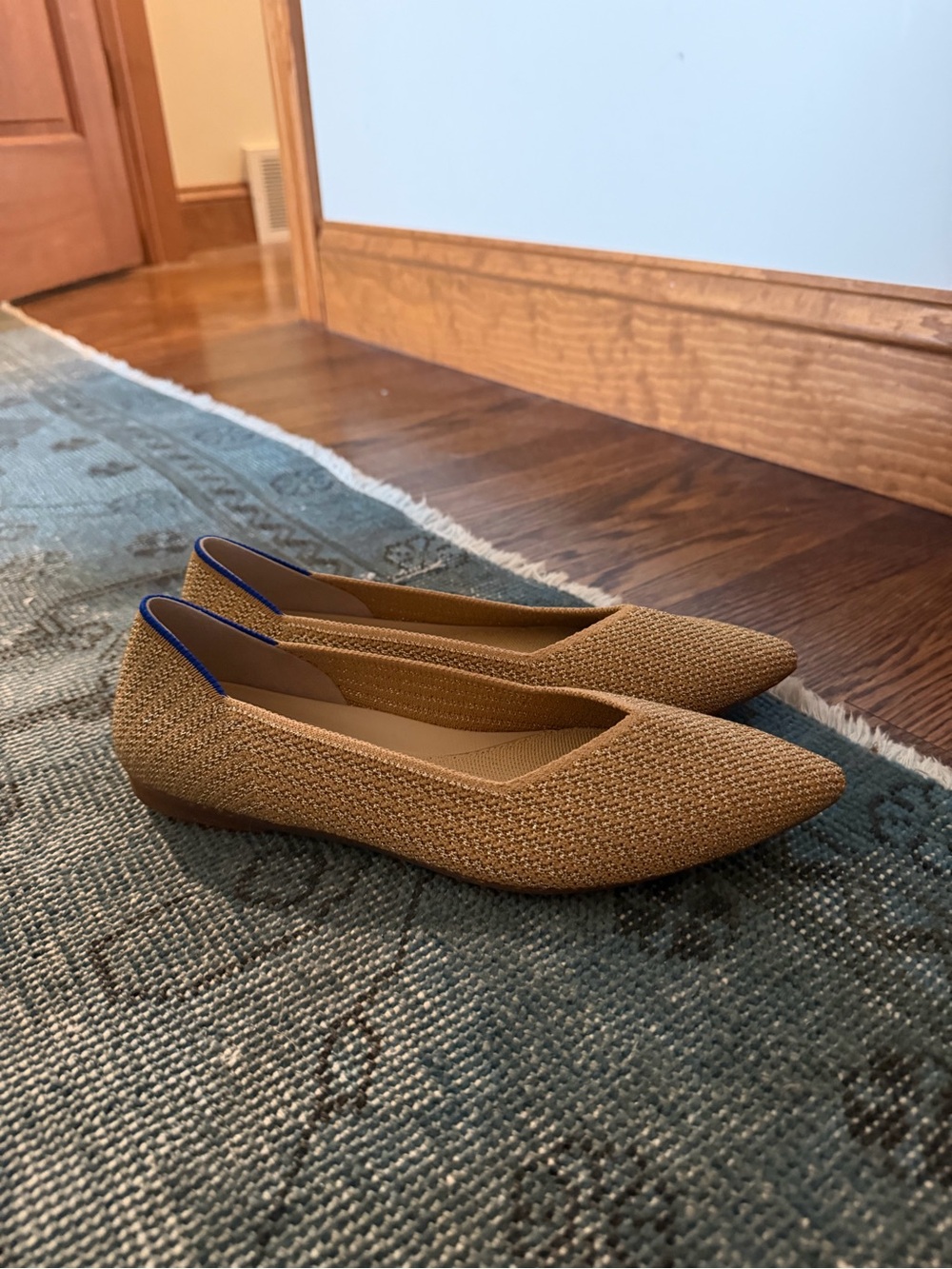 Rothy's Woven Pointed-Toe Flats in Gold with Blue Trim